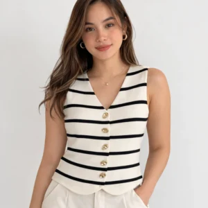 Striped Knit Vest with Gold Buttons