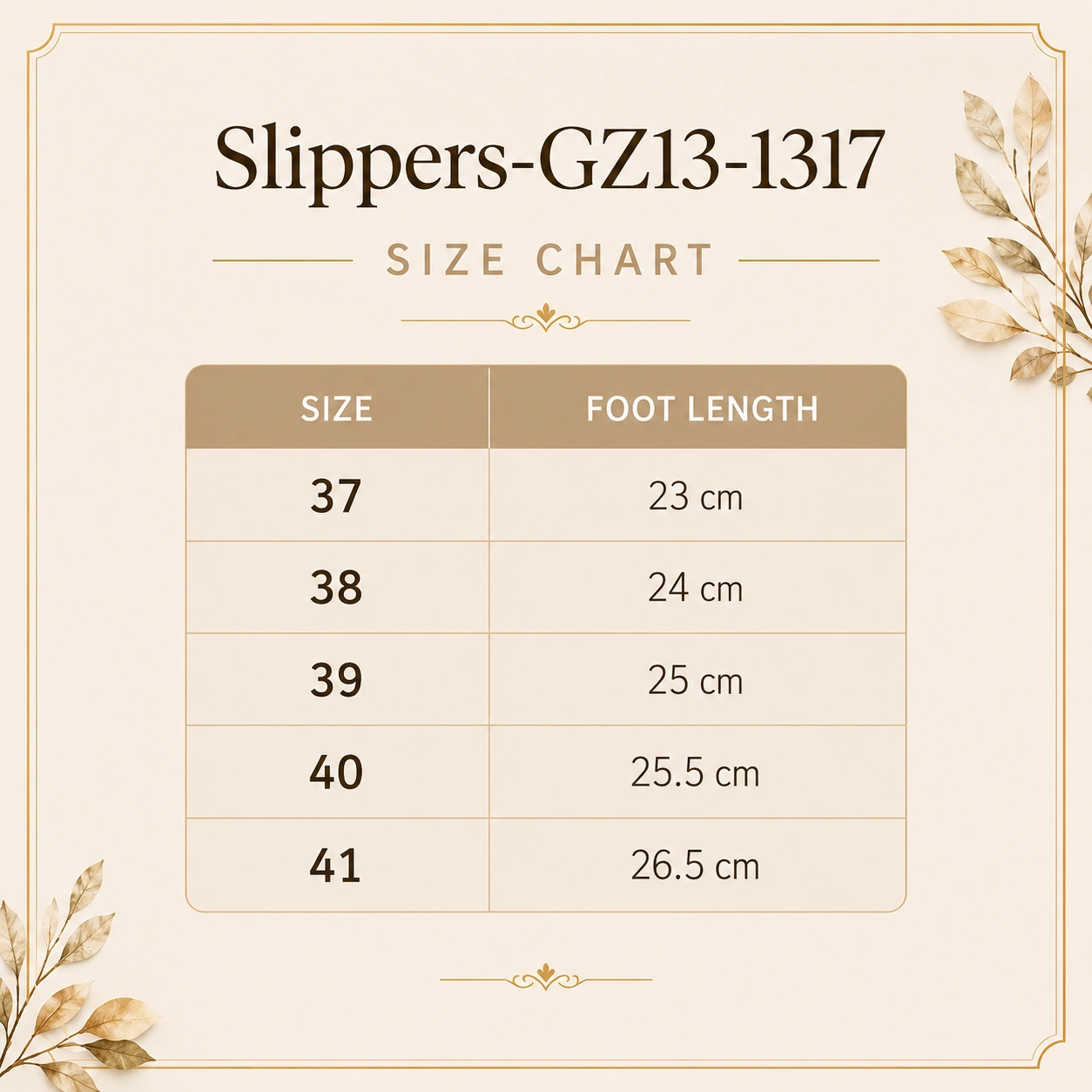 Slippers VD GZ13-1317 - Size Chart