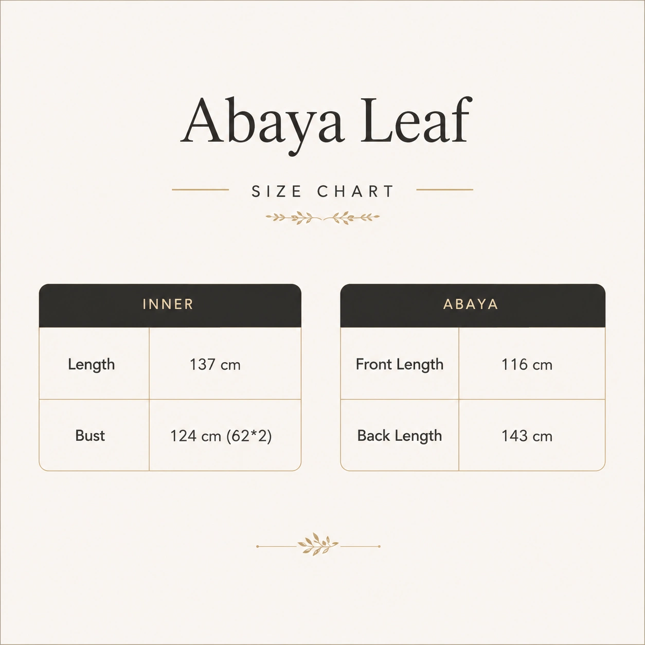 Abaya Leaf - Size Chart
