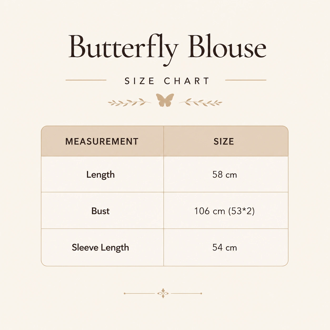 Butterfly Blouse - Size Chart