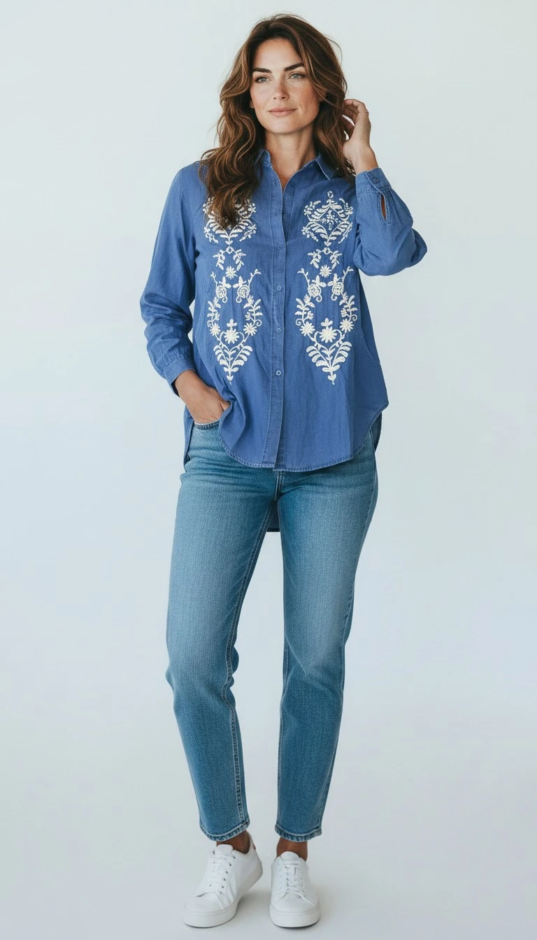 Denim Embroidery Blouse