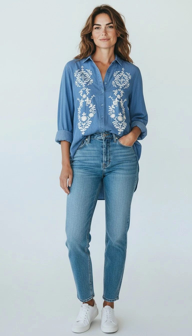 Denim Embroidery Blouse