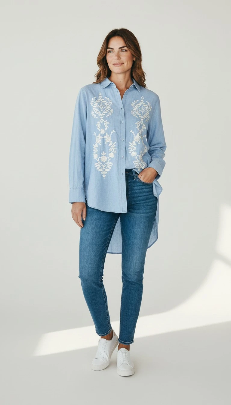 Denim Embroidery Blouse