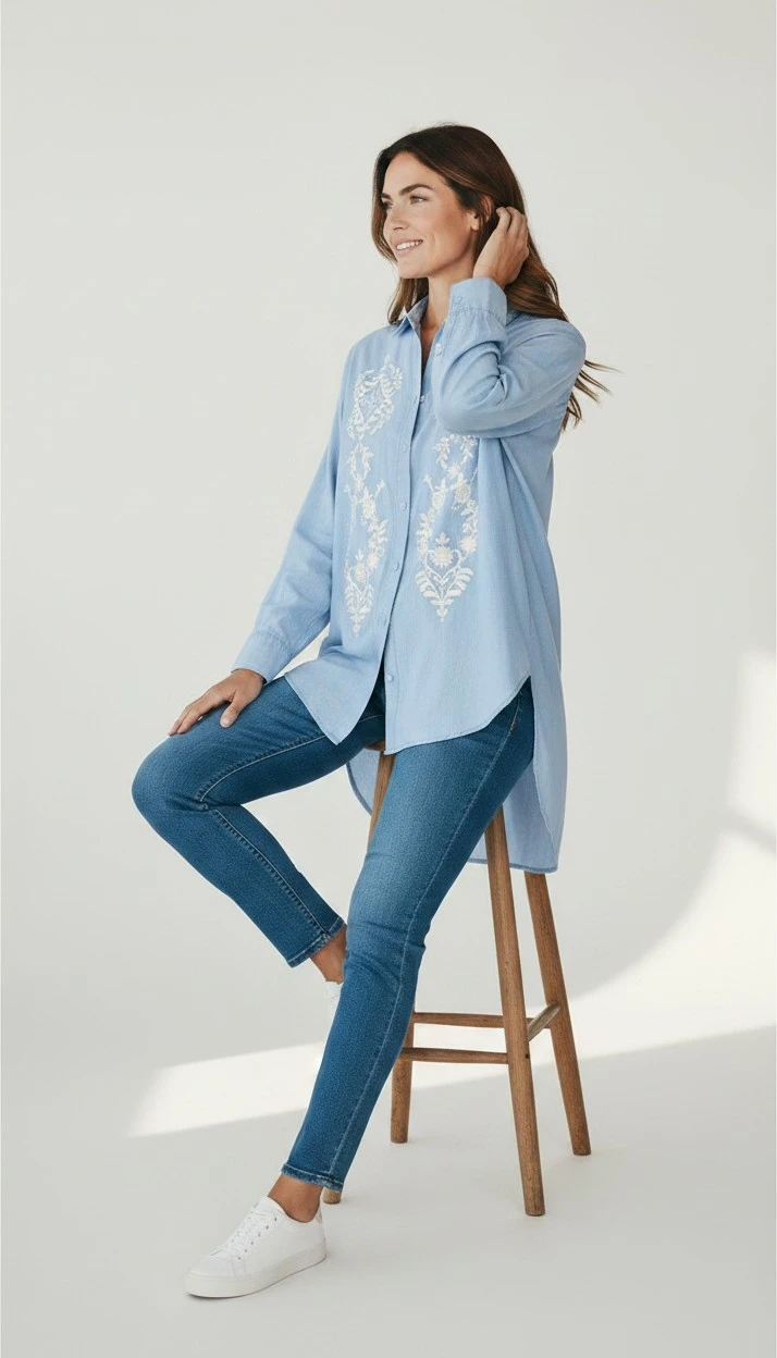 Denim Embroidery Blouse