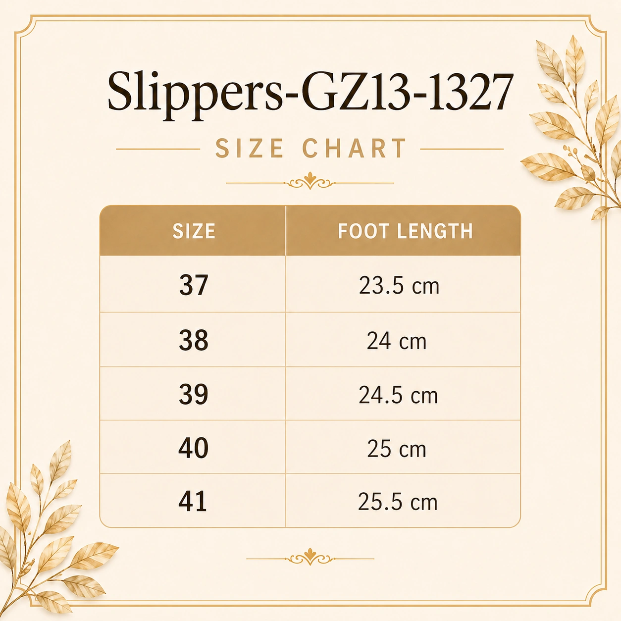 Slippers VD GZ13-1327 - Size Chart